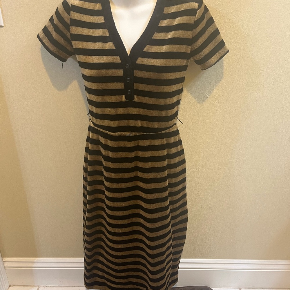 Vintage 1980,s Velour Striped Black and Khaki Striped Dress